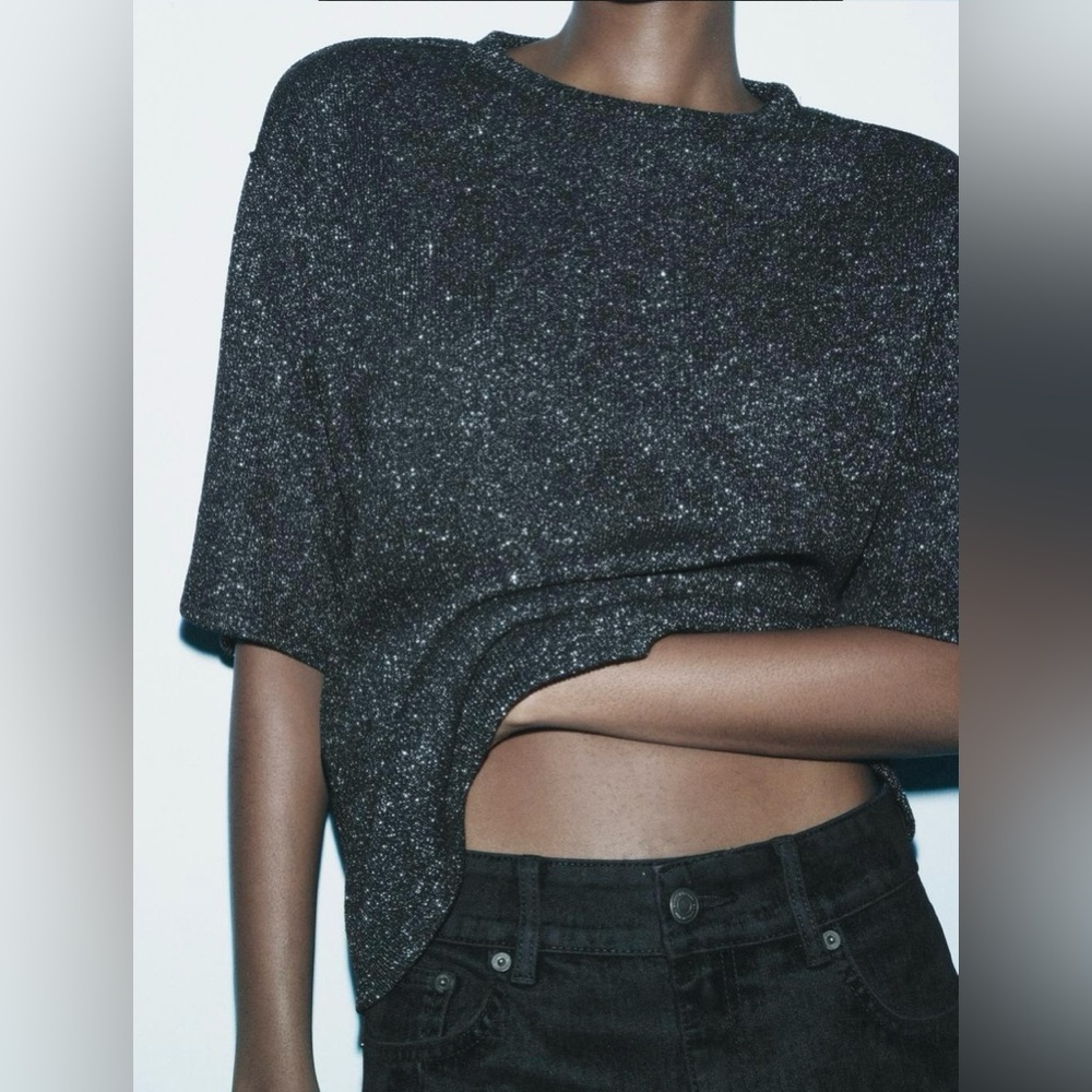 Zara Metallic Threaded Black SS Sweater | Silver Threads | Crew Neck | NWT